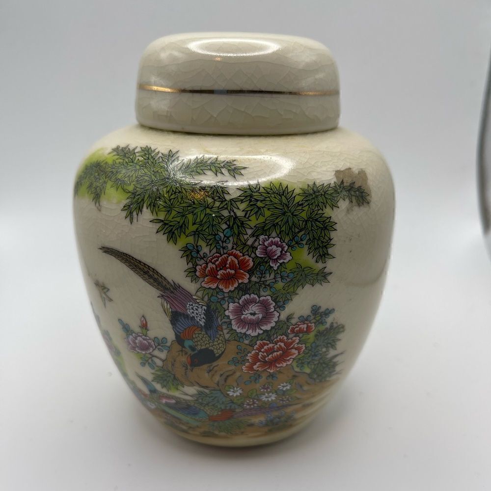 Vintage pheasant floral hand painted ginger jar